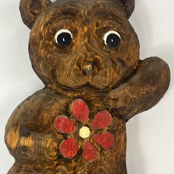Vintage Handmade Wooden Bear Carved Hand Painted Wall Hanging Decor Red Flower - Picture 4 of 6